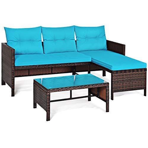 COSTWAY 3PCS Patio Wicker Rattan Sofa Set Outdoor Sectional Conversation Set Turquoise