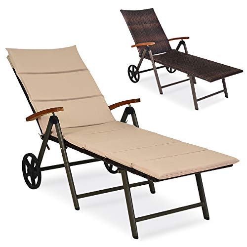 COSTWAY Folding Patio Rattan Lounge Chair Chaise Cushioned Aluminum Adjust Wheel Brown