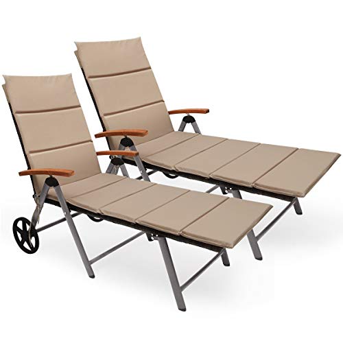 COSTWAY 2 PCS Folding Patio Rattan Lounge Chair Chaise Cushioned Aluminum Adjust Wheel Brown