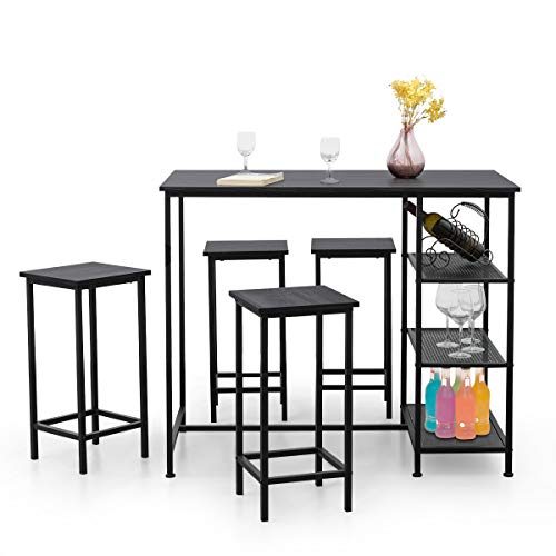 COSTWAY 5-Piece Counter Height Dining Set, Modern Compact 4 Backless Stools and Bar Table with 3 Open Storage Shelves, Perfect for Bar, Bistro, Dining Room, Kitchen, Black