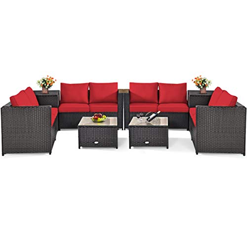 COSTWAY 8PCS Outdoor Patio Rattan Furniture Set Cushioned Loveseat Storage Table Red