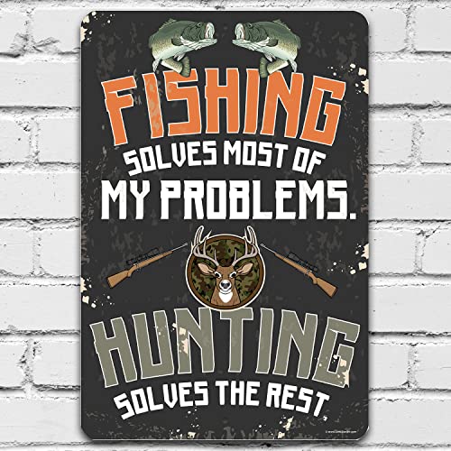 Fishing and Hunting - Classic Fishing Decor Man Cave Display, Great Farmhouse and Cabin Decor, Gifts for Hunters and Fisherman, 8x12 Use Indoors or Outdoors Durable Metal Sign