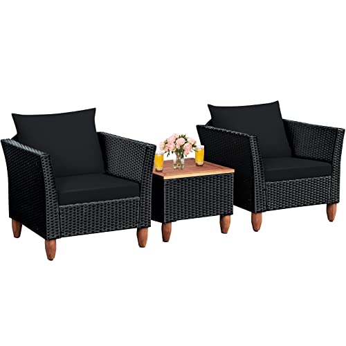 COSTWAY 3PCS Outdoor Patio Rattan Furniture Set Wooden Table Top Cushioned Sofa Black