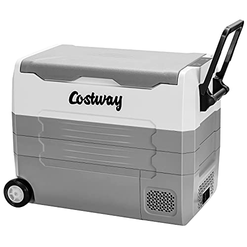 COSTWAY Car Refrigerator with Wheels, 58-Quart Dual-zone Electric Cooler with 12V/24V DC, 100-240V AC, -4¡F to 50¡F, Portable 12 Volt Refrigerator RV Fridge Freezer for Home Camping Vehicles, Grey