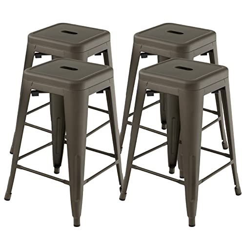 COSTWAY Bar Stools Set of 4, 24Ó Stackable Metal Stools with Square Seat & Handing Hole, X-shaped Reinforced Design, Comfortable Footrest, Backless Bar Chairs for Kitchen, Dining Room, Pub (Gun, 24ÔÕ)