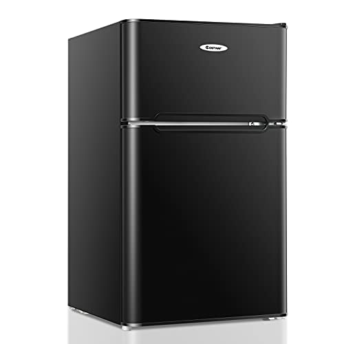 COSTWAY Compact Refrigerator, 2 Reversible Door 3.3 CU.FT. Mini Fridge and Freezer Compartment with Adjustable Thermostat & Removable Glass Shelves for Dorm Apartment Office (Black)