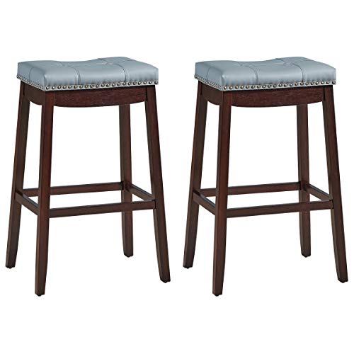 COSTWAY Bar Stools Set of 2, 29-Inch Height Backless Counter Stool with Footrest, Soft Seat Cushion, Wood Legs and Non-Slip Foot Pad, Saddle Stools for Home Kitchen Living Room, Stone Gray+Dark Brown