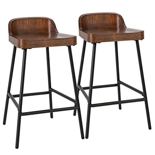 COSTWAY Bar Stools Set of 2, 24.5-Inch Height Industrial Pub Stool with Backrest and Footrest, Metal Legs, Low-Back Breakfast Counter Height Chairs for Living Room Kitchen Bar, Rustic Brown & Black