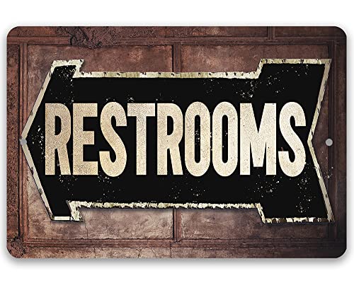 Rest Room - Left or Right - Classic Restroom Sign and Bathroom Decoration, Farmhouse Style Decor, Great House Warming Gift for New Home, Antique Wood Style Look 12x18 Indoor/Outdoor Durable Metal Sign