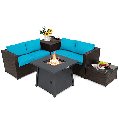 COSTWAY 5PCS Patio Rattan Furniture Set 30" Gas Fire Pit Table Cover Turquoise