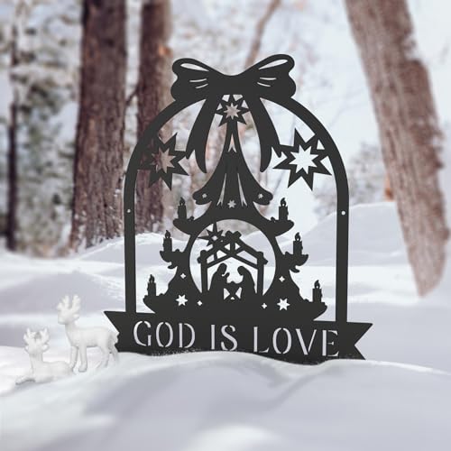 Personalized Metal Nativity Scene Christmas Decoration Custom Name Sign Nativity Sets for Christmas Indoor Outdoor Birth of Jesus Christian Decor Metal Wall Art Black Nativity Religious Gifts