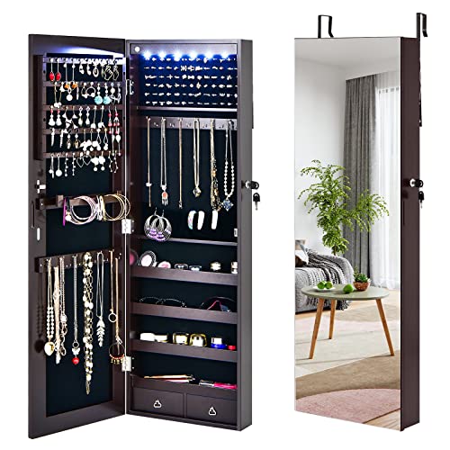 COSTWAY 6 LEDs Mirror Jewelry Armoire, Wall/Door Mounted Jewelry Organizer with Full Length Mirror & Large Storage Capacity, Lockable Jewelry Cabinet for Women Girls (Brown)