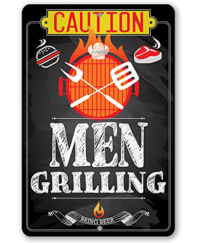 Grill Signs - Durable Metal Sign - Use Indoor/Outdoor - Great Grill and Barbeque Restaurant Decor and Gift (8" x 12", Men Grilling)