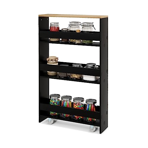 COSTWAY Slim Rolling Storage Cart, 4-Tier Rolling Utility Cart, Wood Kitchen Storage Cart with Handle & Wheels, Narrow Rolling Shelving Unit for Kitchen Bathroom Laundry Small Places (Dark)