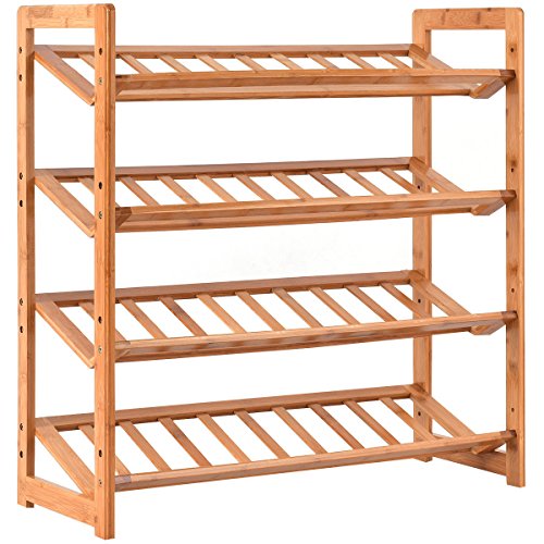 COSTWAY 4-tier Stackable Bamboo Shoe Rack 9-12 Shoes Adjustable Entryway Shoes Shelf Holder Organizer Tilted