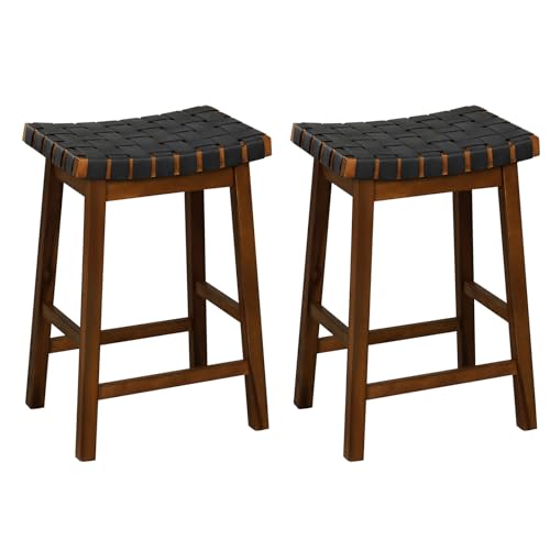 COSTWAY Woven Saddle Stools Set of 2, 25.5-inch Vintage Counter Height Chairs with PU Leather Woven Seat & Solid Wood Legs, Modern Backless Bar Stools for Dining Room, Kitchen, Pub, Bistro, Brown