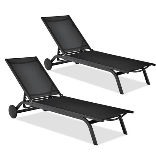 COSTWAY Outdoor Patio Chaise Lounge Set of 2,Ê6-Position Adjustable Lounge Recliner with Aluminum Frame, Portable Outdoor Sun Bathing Lounge Chair on Wheels for Patio Poolside Backyard Garden, Black