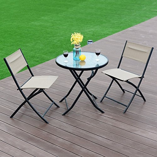 Costway 3 Piece Table Chair Set Metal Tempered Glass Folding Outdoor Patio Garden Pool