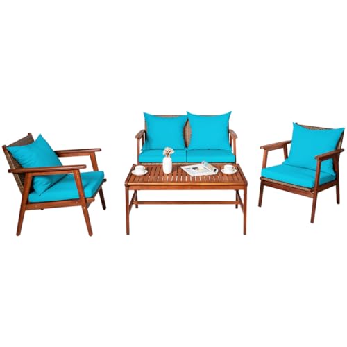 COSTWAY 4PCS Patio Rattan Furniture Set Acacia Wood Frame Cushioned Sofa Chair Turquoise