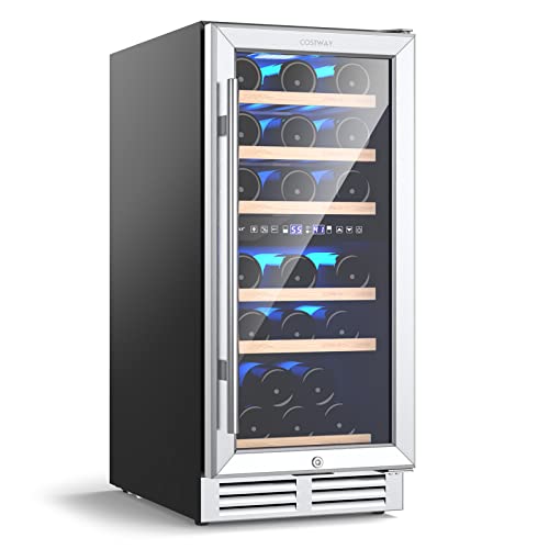 COSTWAY 15-Inch Wine Cooler Refrigerator, 30-Bottle Dual Zones Wine Cellar with Lock, Glass Door, Memory Temp Control, Freestanding & Built-in Mini Wine Fridge for Bar Kitchen Home