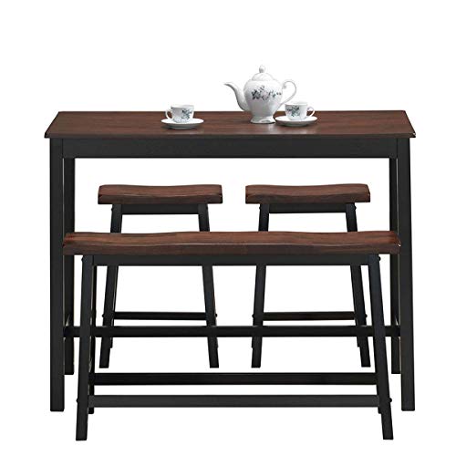 COSTWAY 4-Piece Solid Wood Dining Table Set, Counter Height Dining Furniture with One Bench and Two Saddle Stools, Industrial Style, for Home, Kitchen, Living Room (Black & Brown)