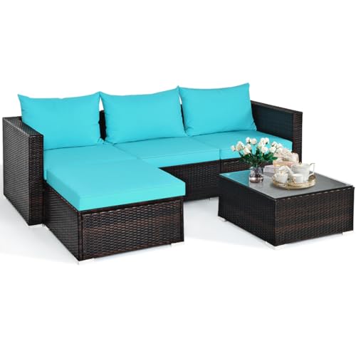 COSTWAY 5PCS Patio Rattan Furniture Set Sectional Conversation Sofa w/Coffee Table Blue