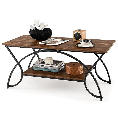 COSTWAY 2-Tier Coffee Table, Industrial Wood Accent Table with Storage Shelf and Black Finished Metal Frame, Chic Rectangular Side End Table for Living Room Office Lounge (Coffee)