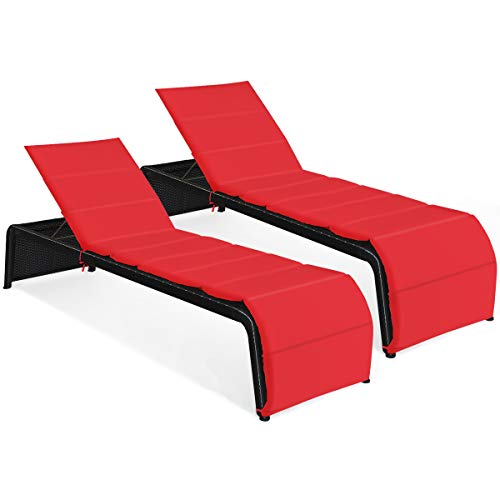 COSTWAY 2 PCS Patio Rattan Lounge Chair Chaise Recliner Back Adjustable Cushioned Red