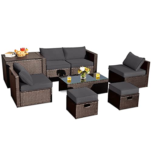 COSTWAY 8PCS Patio Rattan Furniture Set Space-Saving Storage Cushion W/Cover Grey