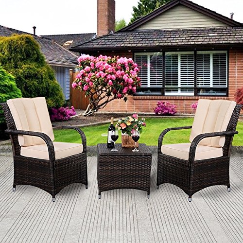 Costway 3 PCS Outdoor Patio PE Rattan Wicker Furniture Set Seat Cushioned Mix Brown