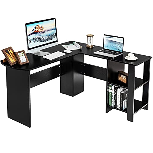 COSTWAY L-Shaped Computer Desk with Storage Shelf, Industrial 51 Inch Corner Desk with 2-Tier Open Shelves & 2 Cable Management Holes, Study Writing Table for Home Office, Black