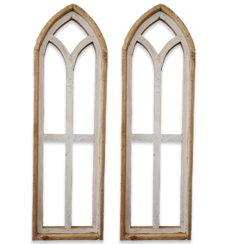 Farmhouse Wooden Wall Windows Ivory Point 38" Large Arches Set of 2 - Rustic Cathedral Wood Windows- Ivory Point