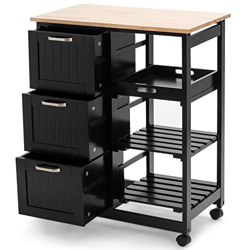 COSTWAY Kitchen Storage Island Cart on Wheels, Kitchen Rolling Trolley Cart with 3 Drawers and Shelves, 360¡ Wheels & Detachable Tray, Utility Cart for Dining Room, Living Room & Bedroom (Black)