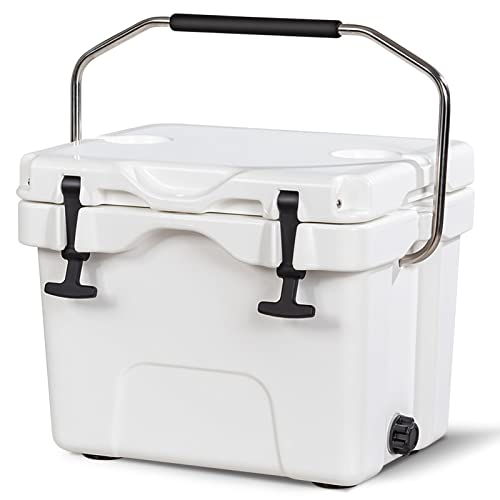 COSTWAY 16 Quart Camping Cooler, Insulated Ice Chest Box with Heavy Duty Handle and 2 Cup Holders, 3-5 Days Ice Retention, Portable Leakproof Hard Cooler for Camping, Fishing, Picnic, Outdoor (White)