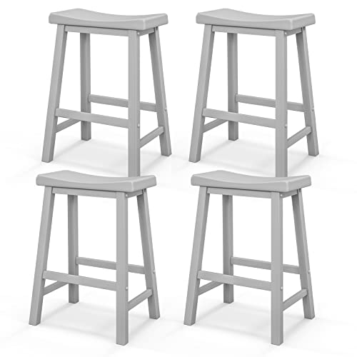 COSTWAY Saddle Stools Set of 4, 24-inch Counter Height Barstools with Solid Wood Legs & Footrests, Modern Backless Stools with Saddle Seat for Kitchen Counter, Island, Home Bar, Grey