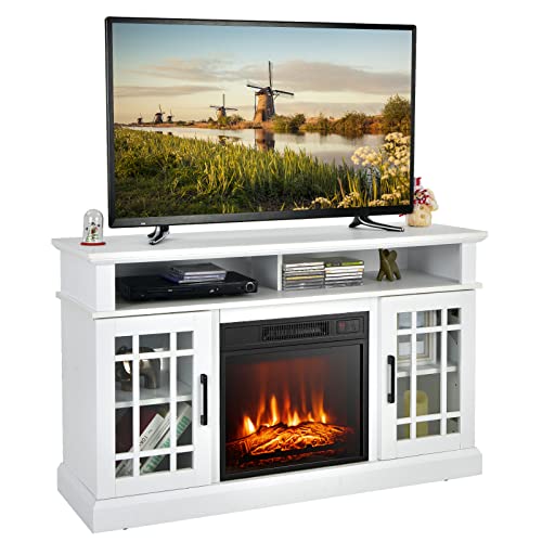 COSTWAY Electric Fireplace TV Stand for TVs Up to 55 Inches, 18-Inch Fireplace Insert with Remote, Overheat Protection, 48-Inch Wooden Media Entertainment Center with Adjustable Shelves, White