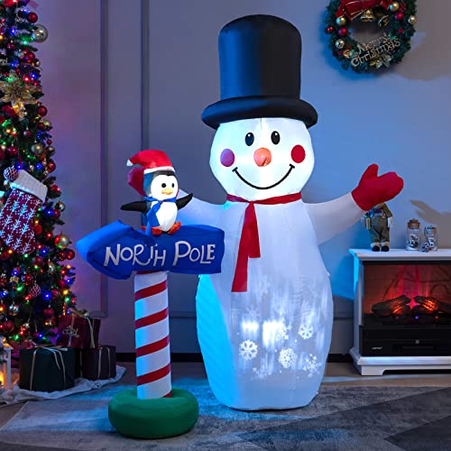 COSTWAY 6 FT Inflatable Snowman & Penguin Guidepost Christmas Decoration with Snowflake