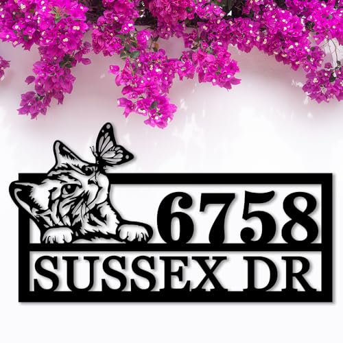 Custom Metal Address Sign for Outside, Personalized Cat Curious Kitten with Butterfly Theme, Cat Cabin Décor Sign, Backyard Yard Sign, Housewarming Gift