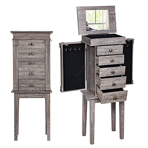 COSTWAY Standing Jewelry Armoire Cabinet, Wooden Jewelry Storage Chest with 5 Drawers, 2 Side Doors & Flip Top Mirror, Jewelry Cabinet with Top Divided Compartments for Women, Girls, Grey