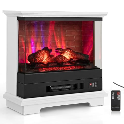 COSTWAY Electric Fireplace with 3-Sided Glass 27-inch Wide, 1400W Freestanding Fireplace Heater with Remote Control, 7-Level Vivid Flame, Thermostat, 0.5-6H Timer, Overheating Protection, White