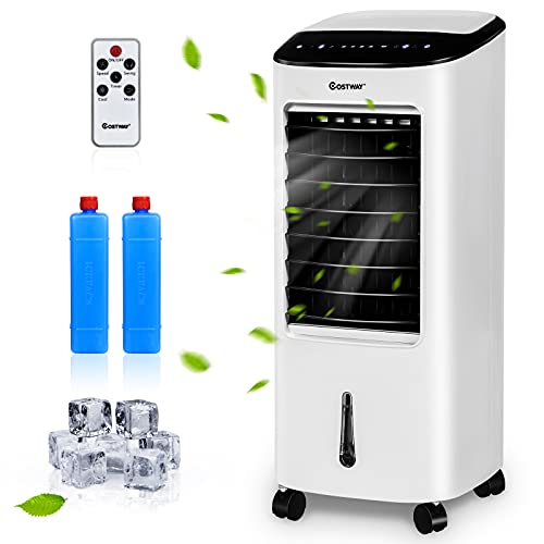 COSTWAY Portable Evaporative Air Cooler for Room, Remote Control, 3-Mode, 7.5H Timer, Include Ice Crystal Boxes, Casters and Water Tank, Bladeless Swamp Cooler for Home Office, Indoor Use, White