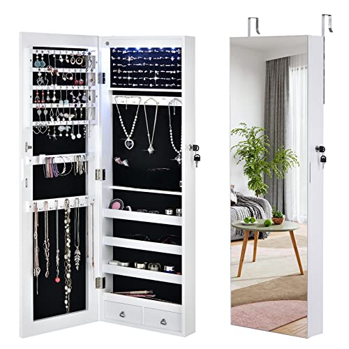 COSTWAY 6 LEDs Mirror Jewelry Armoire, Wall/Door Mounted Jewelry Organizer with Full Length Mirror & Large Storage Capacity, Lockable Jewelry Cabinet for Women Girls (White)