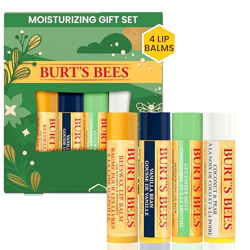 Burt's Bees Christmas Gifts, 4 Lip Balm Stocking Stuffers Products, Assorted Mix Set - Classic Beeswax, Vanilla, Cucumber Mint & Coconut and Pear (4-Pack)