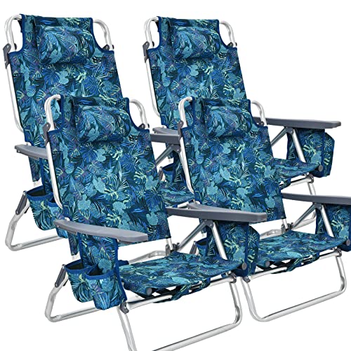 COSTWAY 4-Pack Folding Backpack Beach Chair 5-Position Outdoor Reclining Chairs w/Pillow, Navy