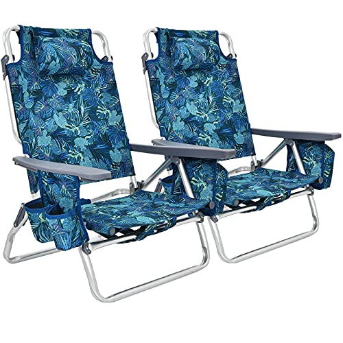 COSTWAY 2-Pack Folding Backpack Beach Chair 5-Position Outdoor Reclining Chairs w/Pillow, Navy