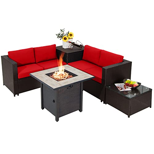 COSTWAY 5 PCS Patio Rattan Furniture Set 30" Fire Pit Table W/Cover Cushion Red