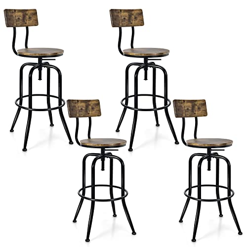 COSTWAY Industrial Bar Stool Set of 4, Vintage Adjustable Swivel Counter Height Kitchen Dining Chair with Arc-Shaped Backrest, Footrest, Round Seat, Metal Vintage Barstools for Pub, Bistro, Island