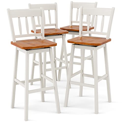 COSTWAY Bar Stools Set of 4, 30.5 Inch Rubber Wood Bar Chairs with 360°Swiveling, Footrest, Swivel Pub Height Barstools Ideal for Kitchen Island, Counter, Pub or Bar (4, White)