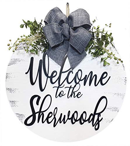 PERSONALIZED Wreath for Front Door Year Round Hanger"Welcome to the" Plaid Ribbon Bow Sign 16" Everyday Wall Decor Family Last Name Custom Wood Plaque White Black 3D