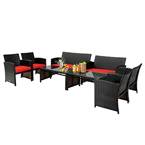 COSTWAY 8PCS Patio Rattan Furniture Set Cushioned Chair Sofa Coffee Table Red